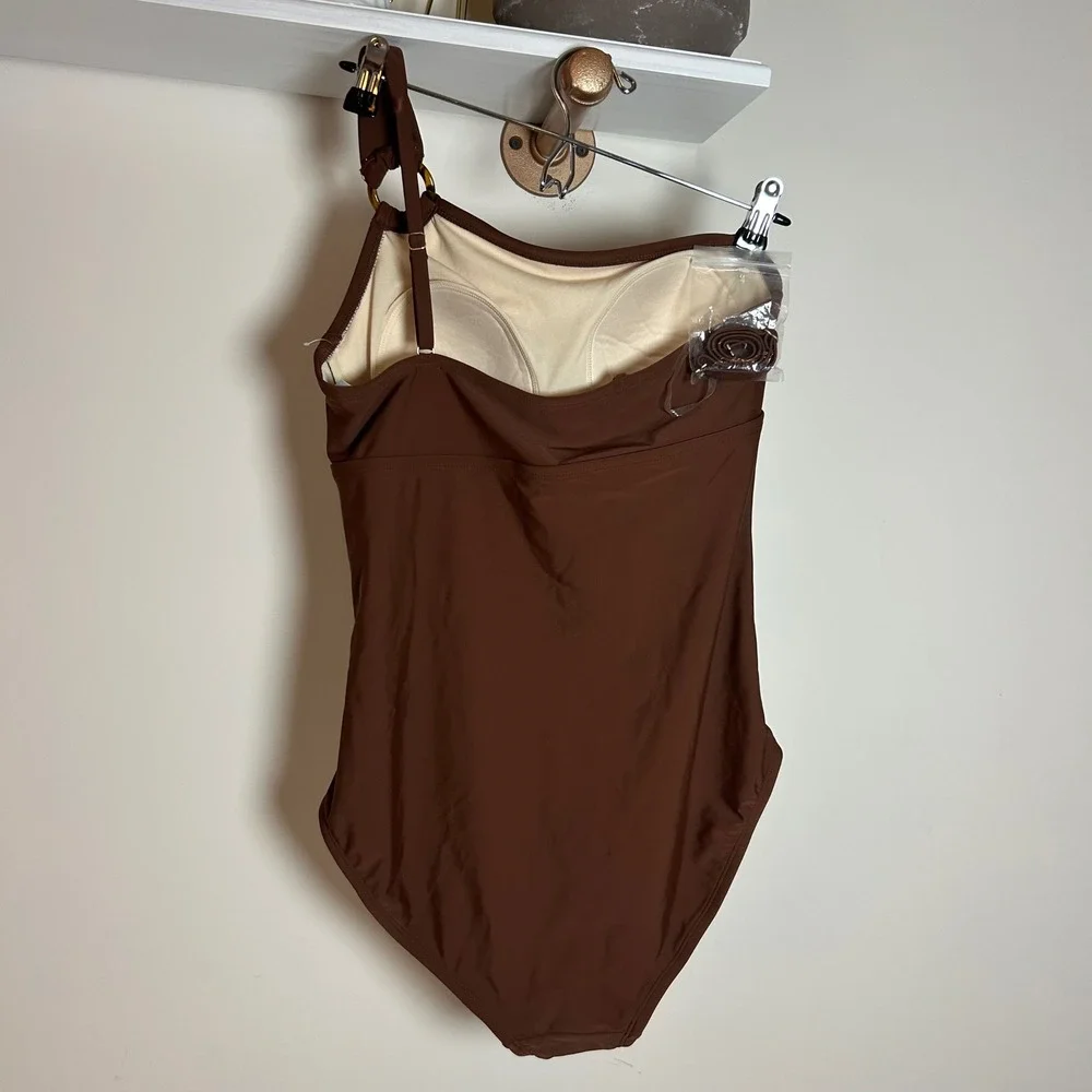 Kona‎ Sol Womens Brown One Shoulder Ring Detail Ruched One Piece Swimsuit Large